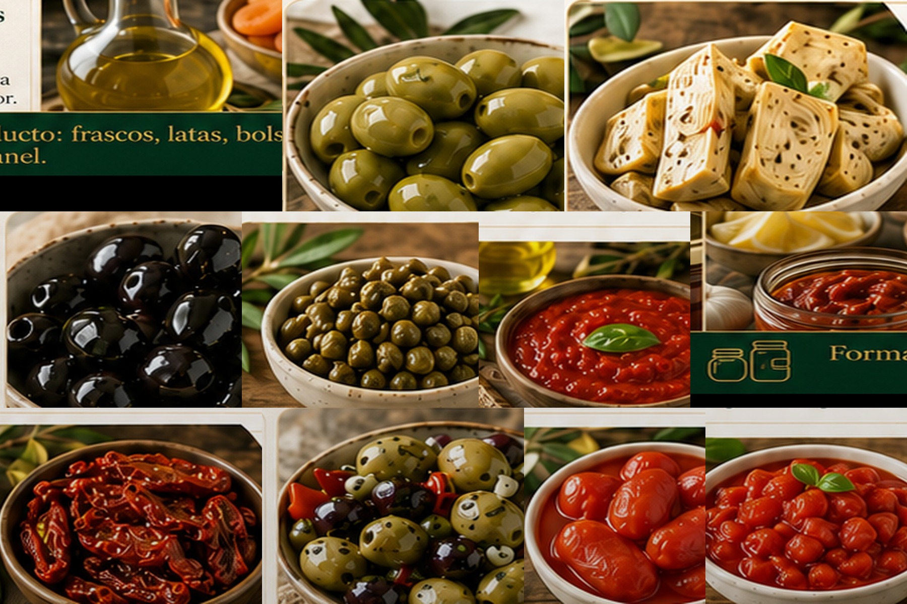Mediterranean food products including olives, capers, artichokes, tomatoes and olive oil