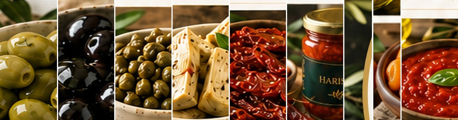 Clean strip of Mediterranean product photos without text